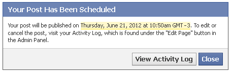 Scheduling post on facebook. Confirmation
