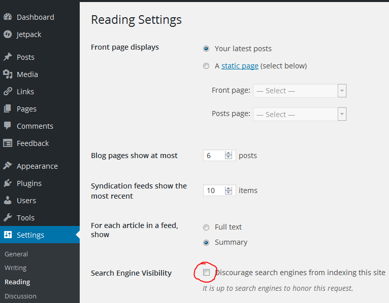 Search Engine Visibility setting in WordPress